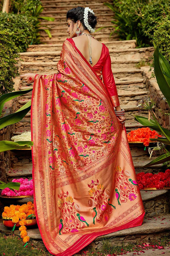 Punch Red Golden Zari Woven Paithani Saree