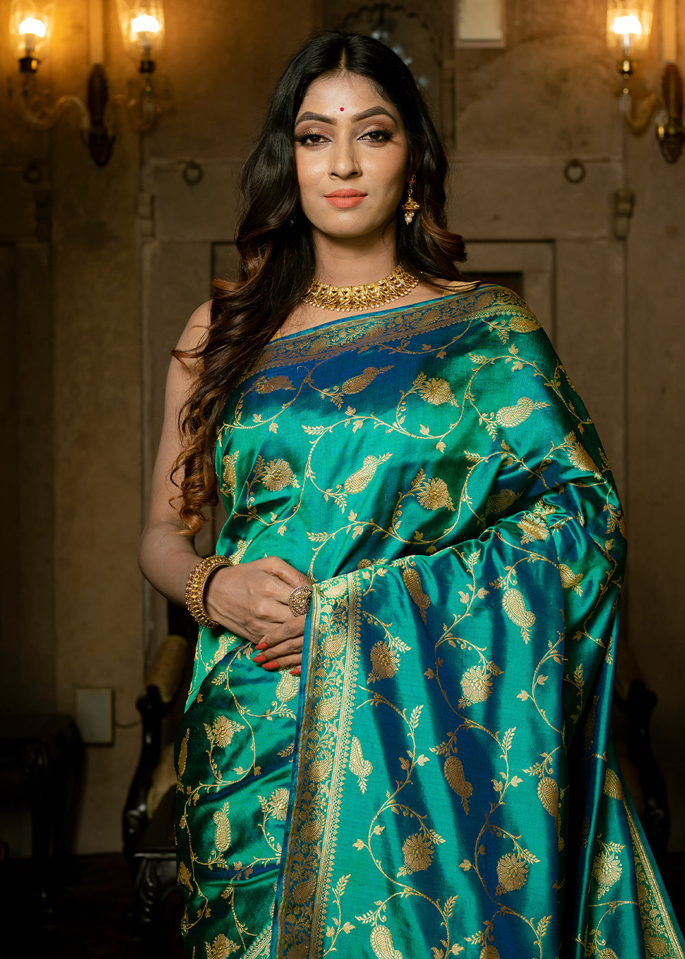 Persian Green Hand Woven Katan Pure Silk Saree