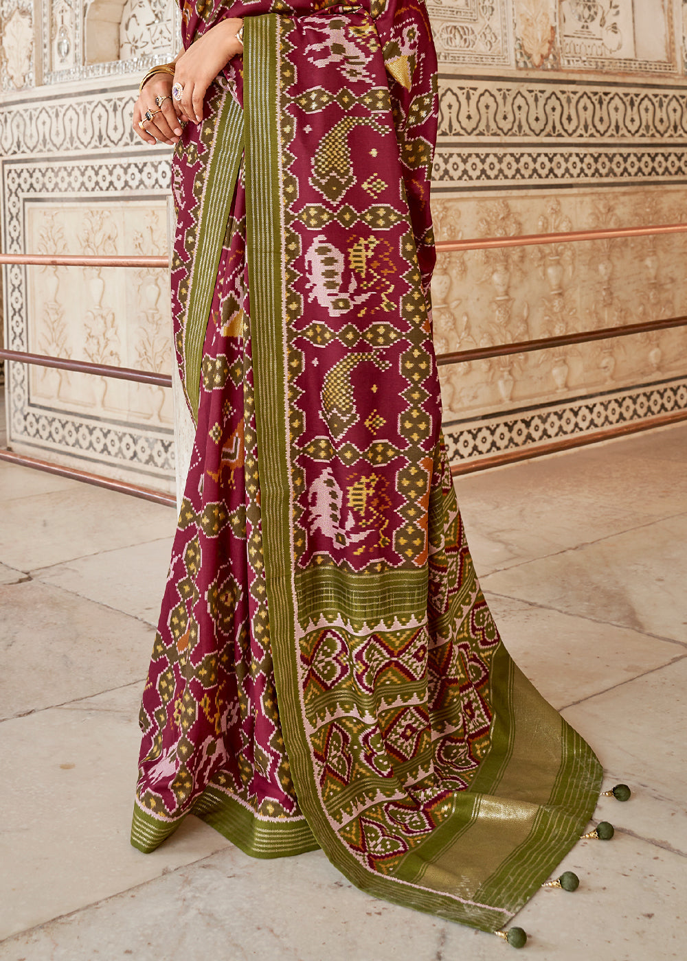 Rust Purple and Green Cotton Patola Printed Saree