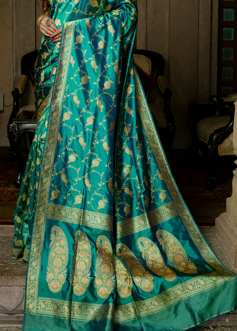 Persian Green Hand Woven Katan Pure Silk Saree