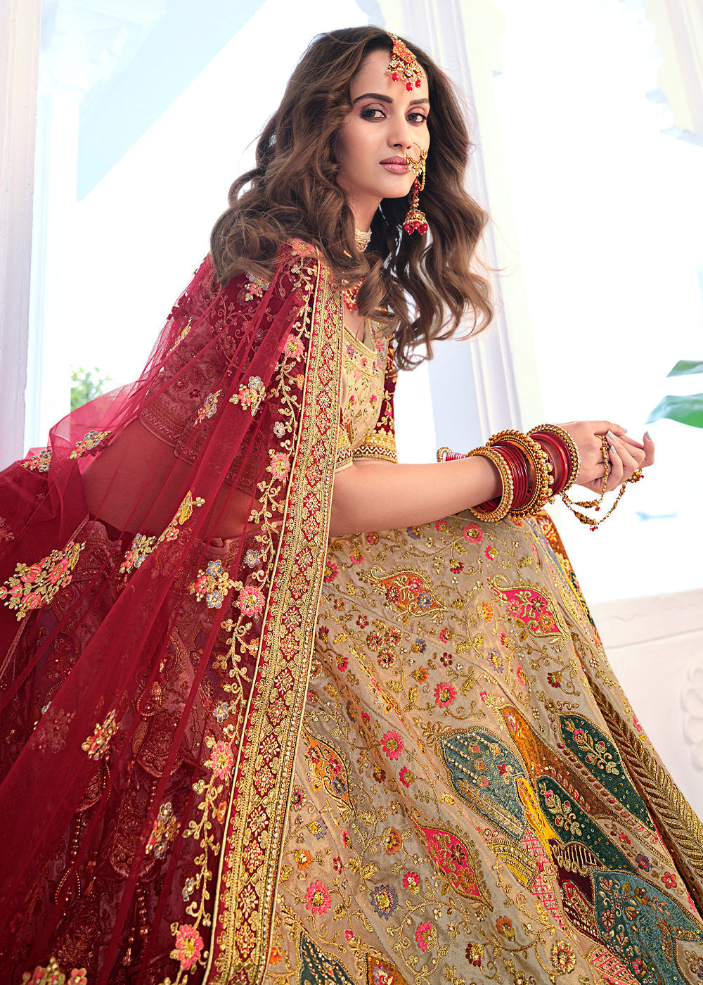 Twine Brown and Maroon Heavy Embroidered Velvet Lehenga