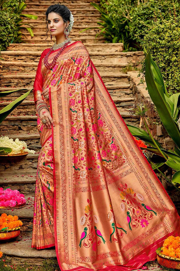 Punch Red Golden Zari Woven Paithani Saree