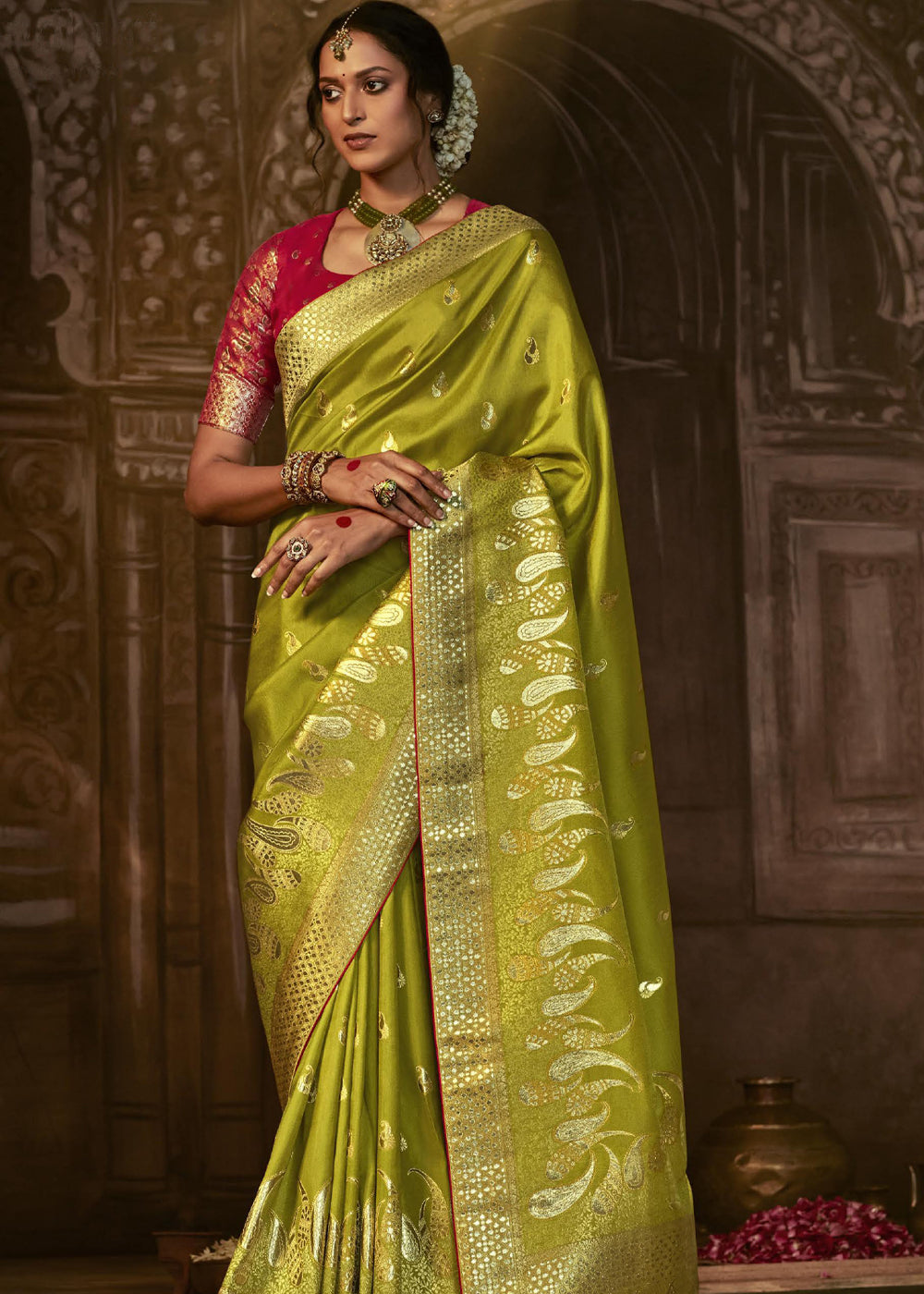 Reef Gold Green Woven Designer Banarasi Silk Saree