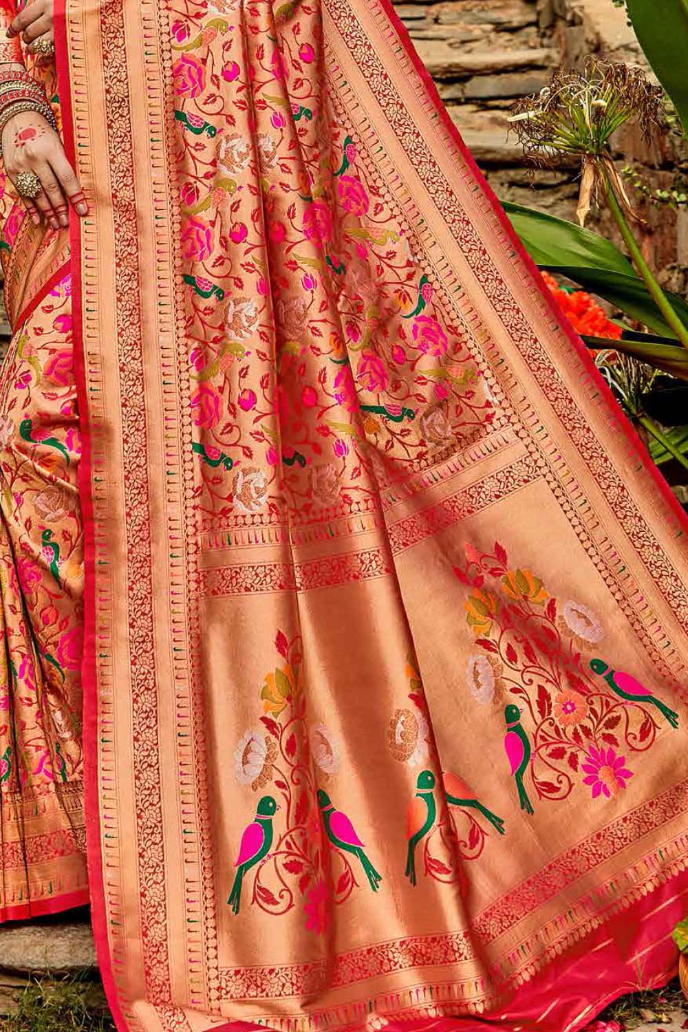 Punch Red Golden Zari Woven Paithani Saree