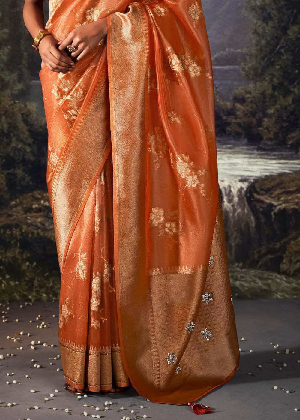 Chardonnay Orange Woven Banarasi Organza Silk Saree