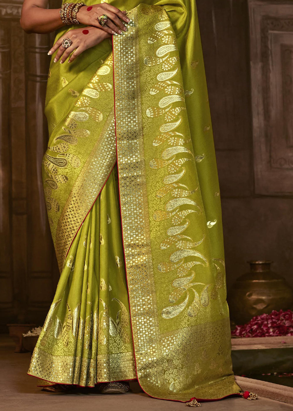 Reef Gold Green Woven Designer Banarasi Silk Saree