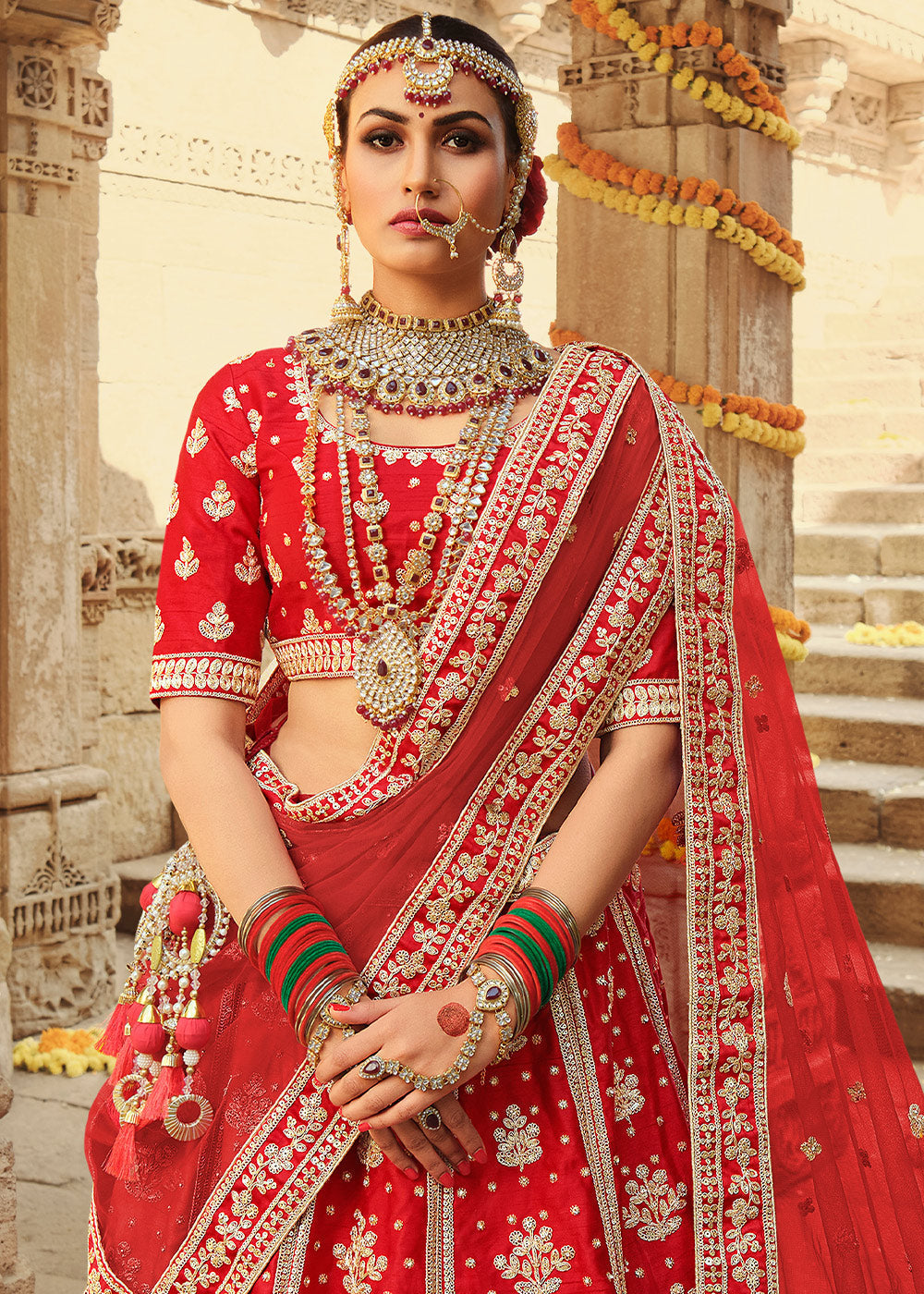 Red Salsa Silk Lehenga Choli With Heavy Zari Embroidery