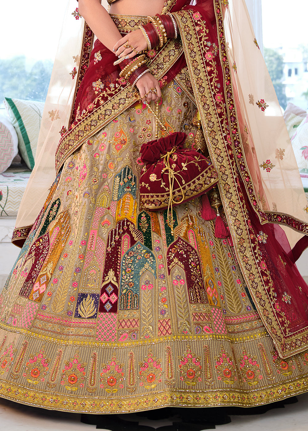 Twine Brown and Maroon Heavy Embroidered Velvet Lehenga