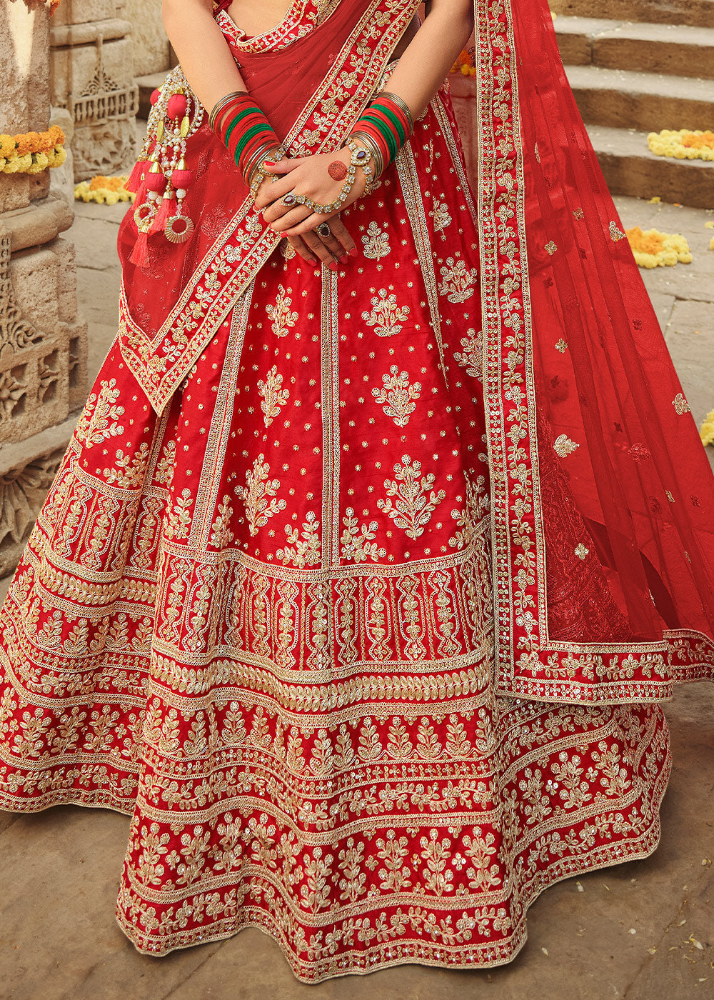 Red Salsa Silk Lehenga Choli With Heavy Zari Embroidery