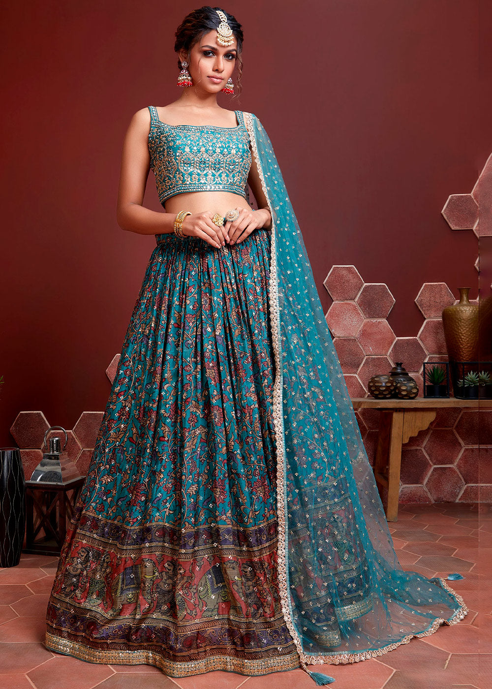 Calypso Blue Printed Chinon Silk Lehenga Choli