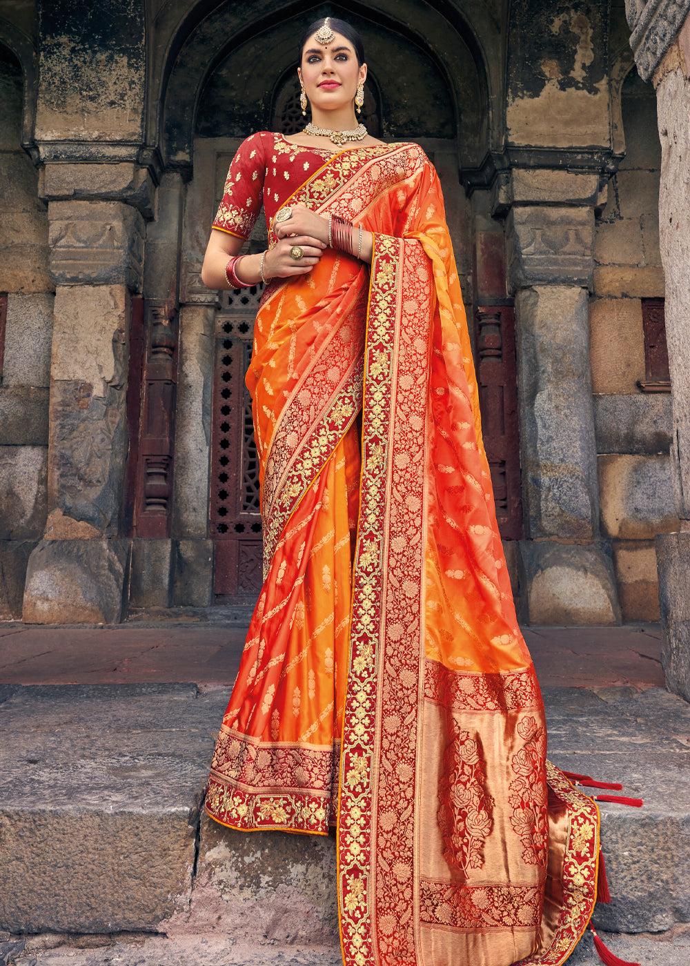 Jaffa Orange Zari Woven Designer Banarasi Saree