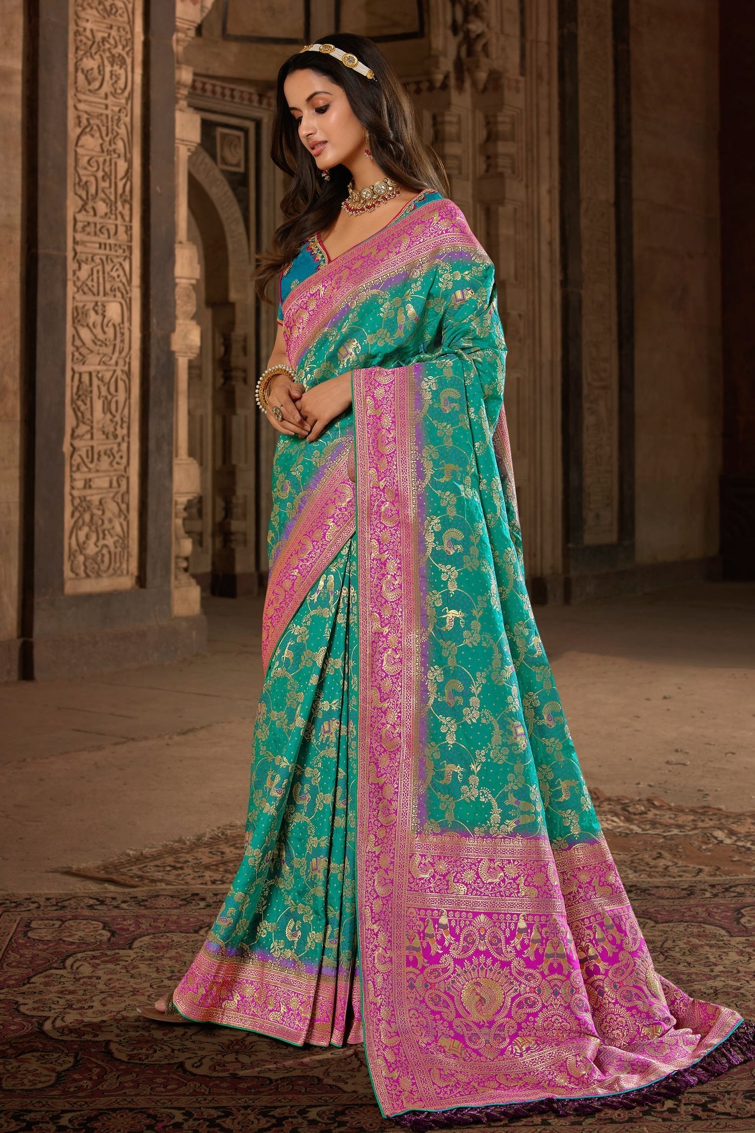 Emerald Blue and Pink Designer Banarasi Woven Silk Saree