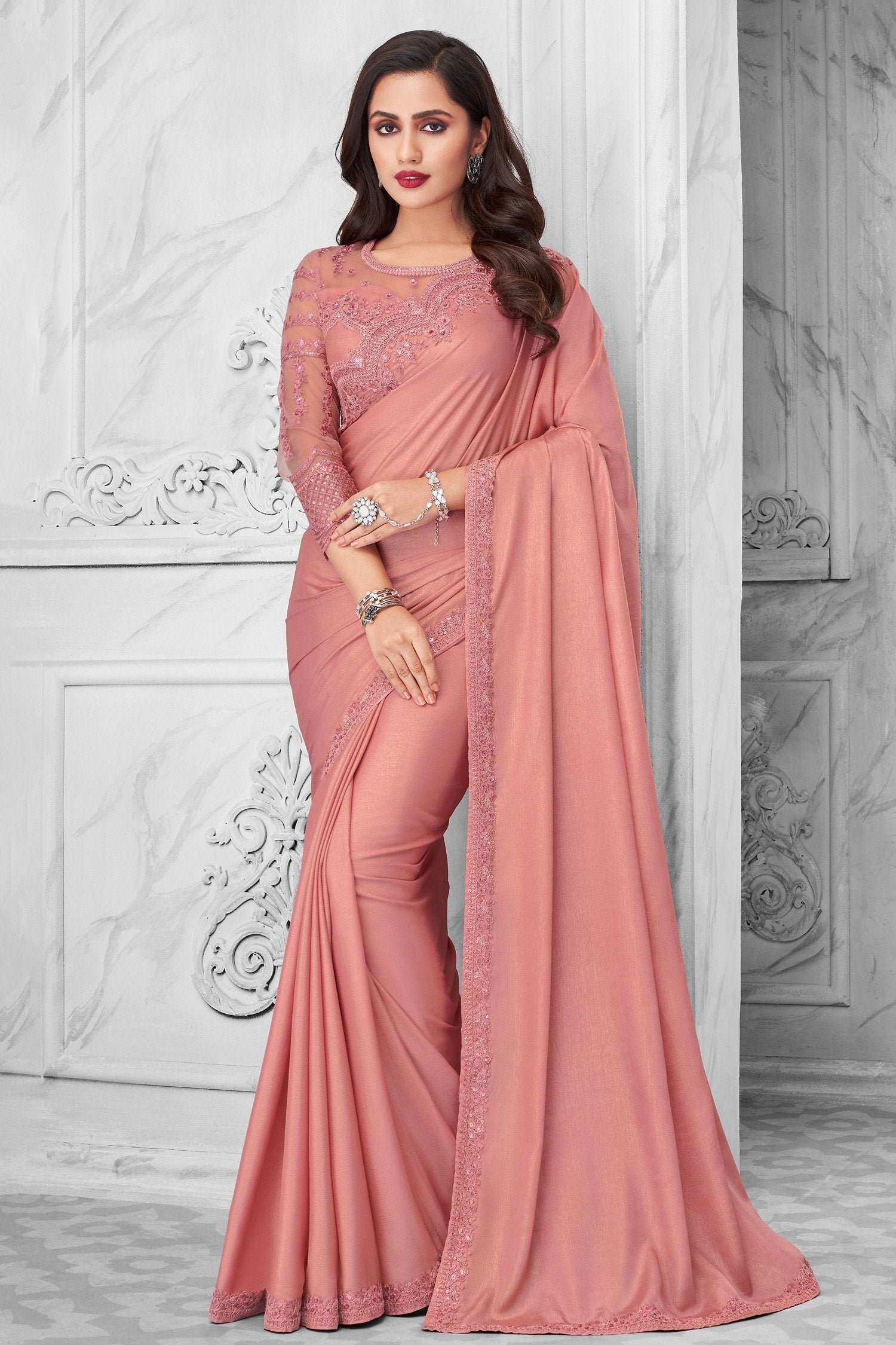 Apricot Peach Chiffon Shimmer Designer Silk Saree