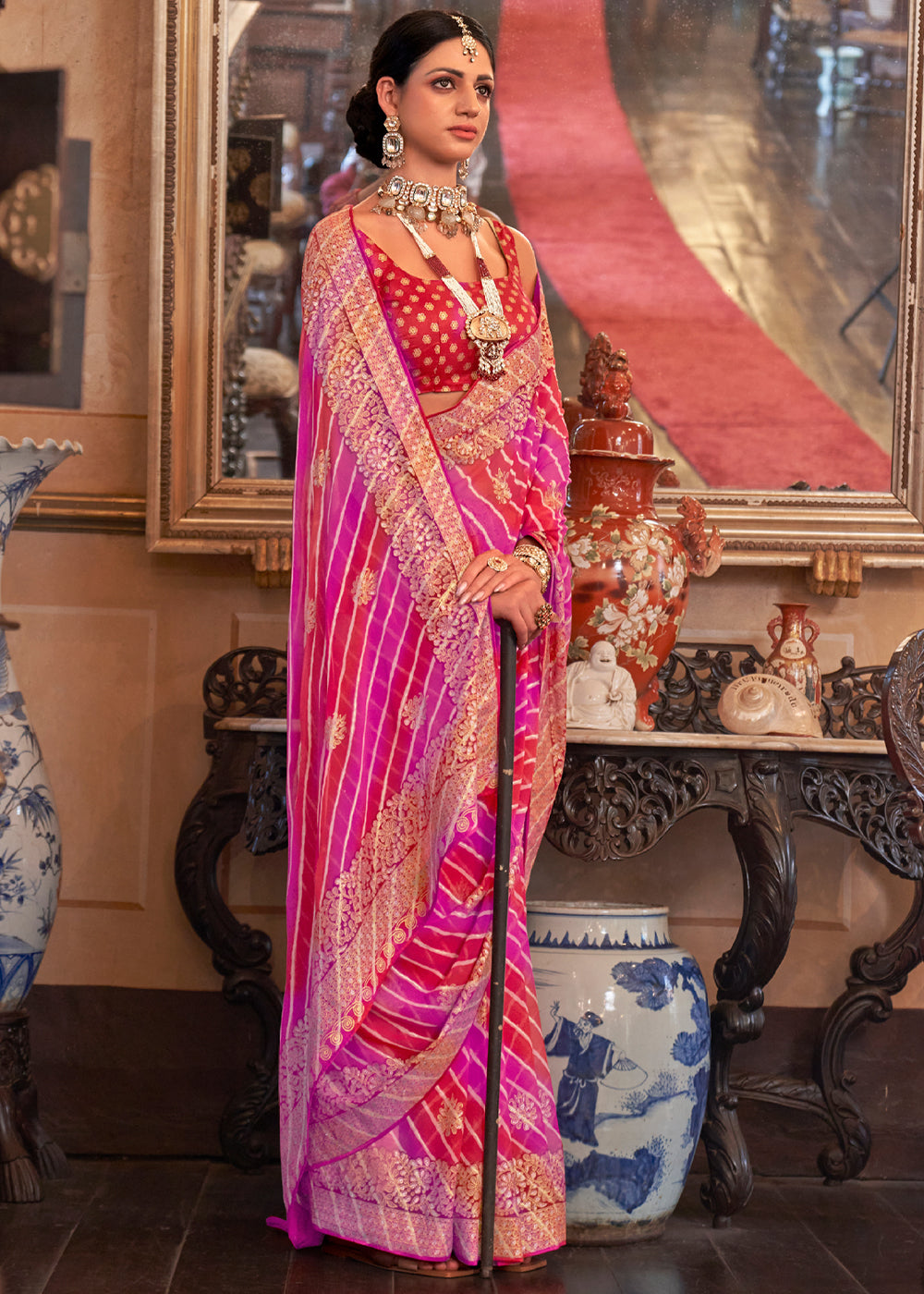 Cardinal Red and Pink Lehariya Georgette Silk Saree