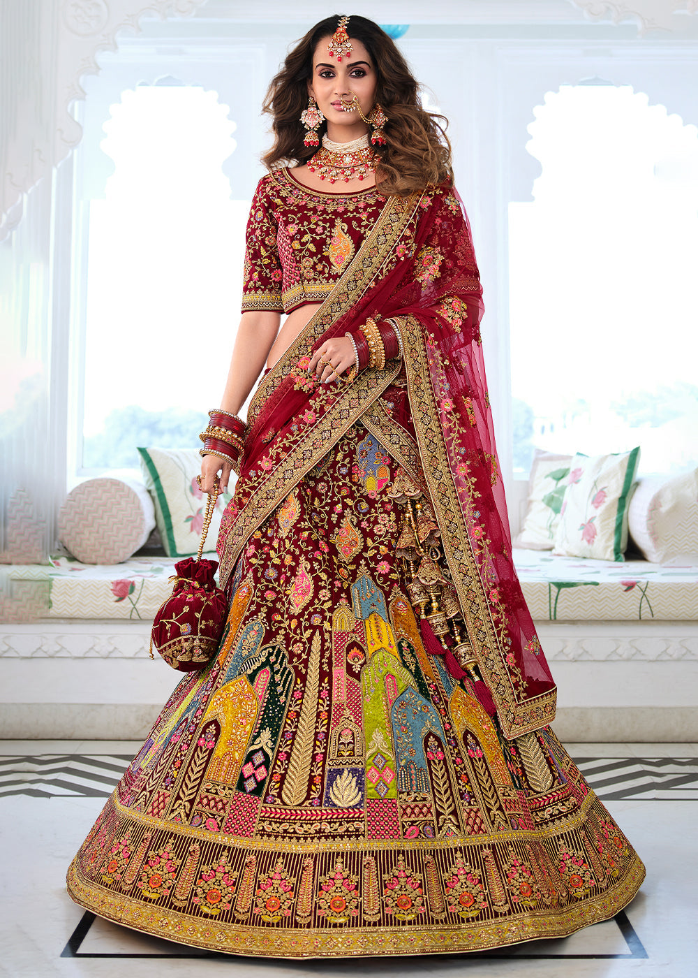 Burnt Umber Maroon Heavy Embroidered Velvet Lehenga