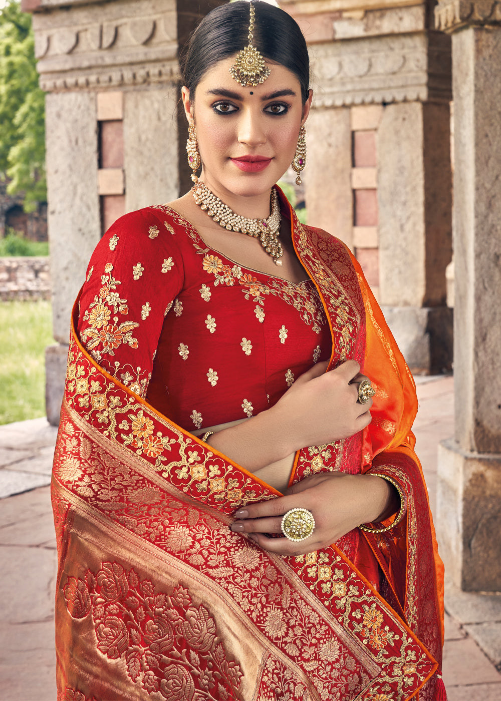 Jaffa Orange Zari Woven Designer Banarasi Saree