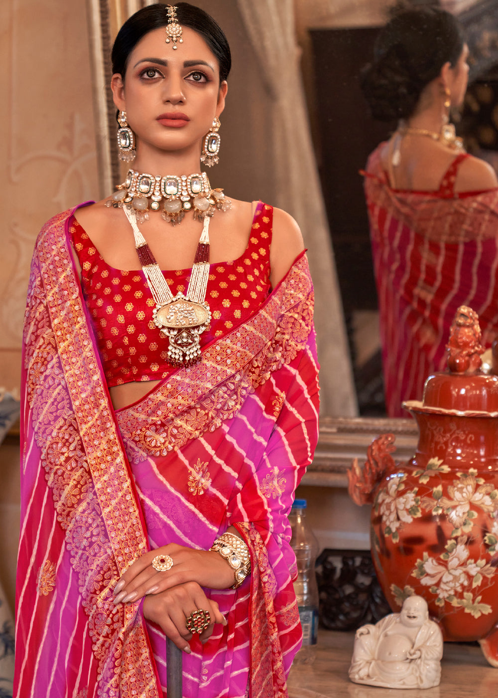 Cardinal Red and Pink Lehariya Georgette Silk Saree