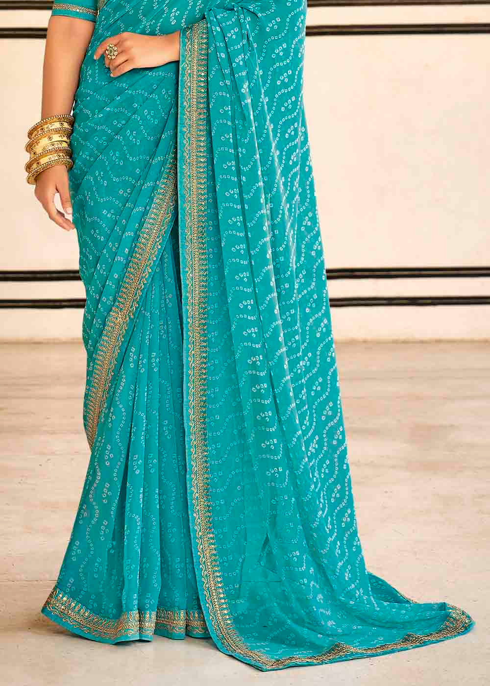 Persian Blue Georgette Leheriya Printed Saree with Embroidered Blouse