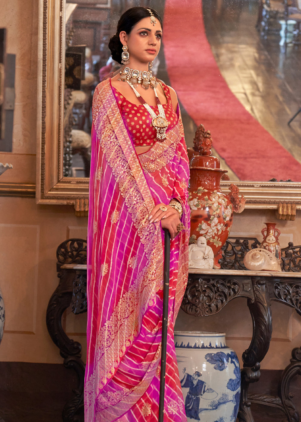 Cardinal Red and Pink Lehariya Georgette Silk Saree