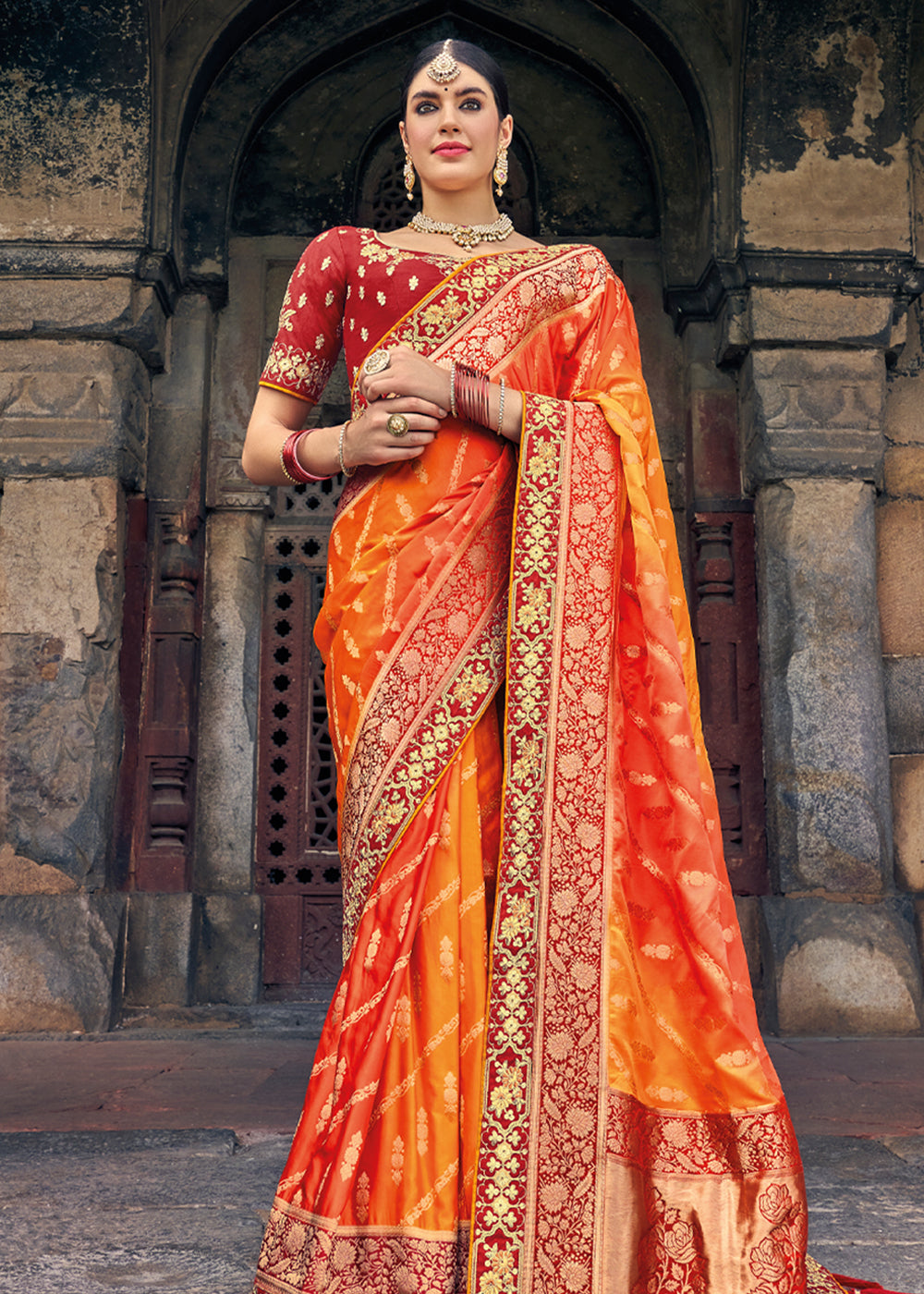 Jaffa Orange Zari Woven Designer Banarasi Saree