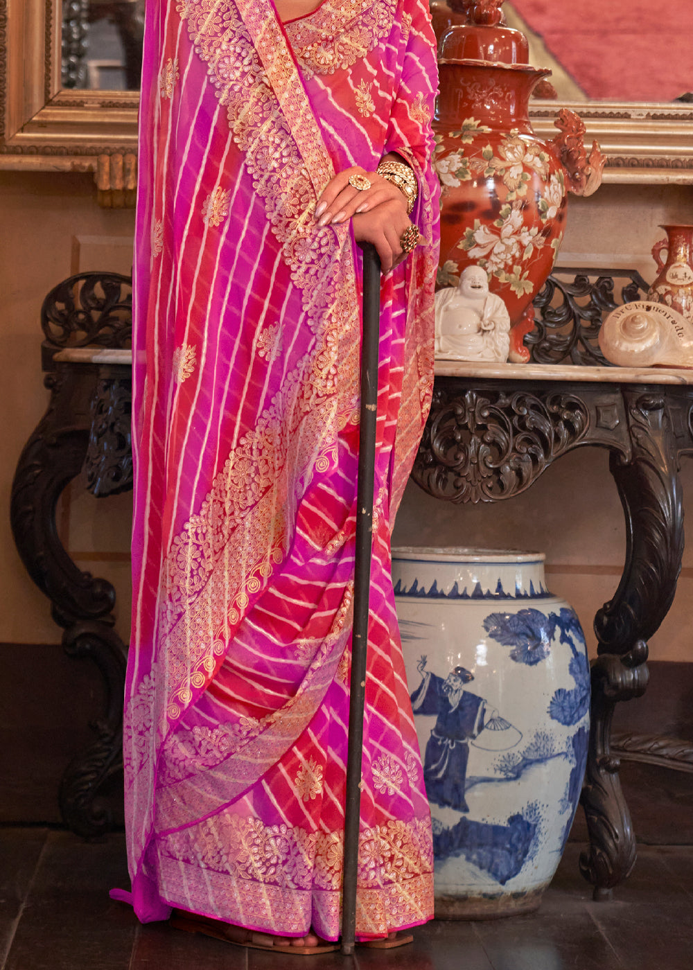 Cardinal Red and Pink Lehariya Georgette Silk Saree