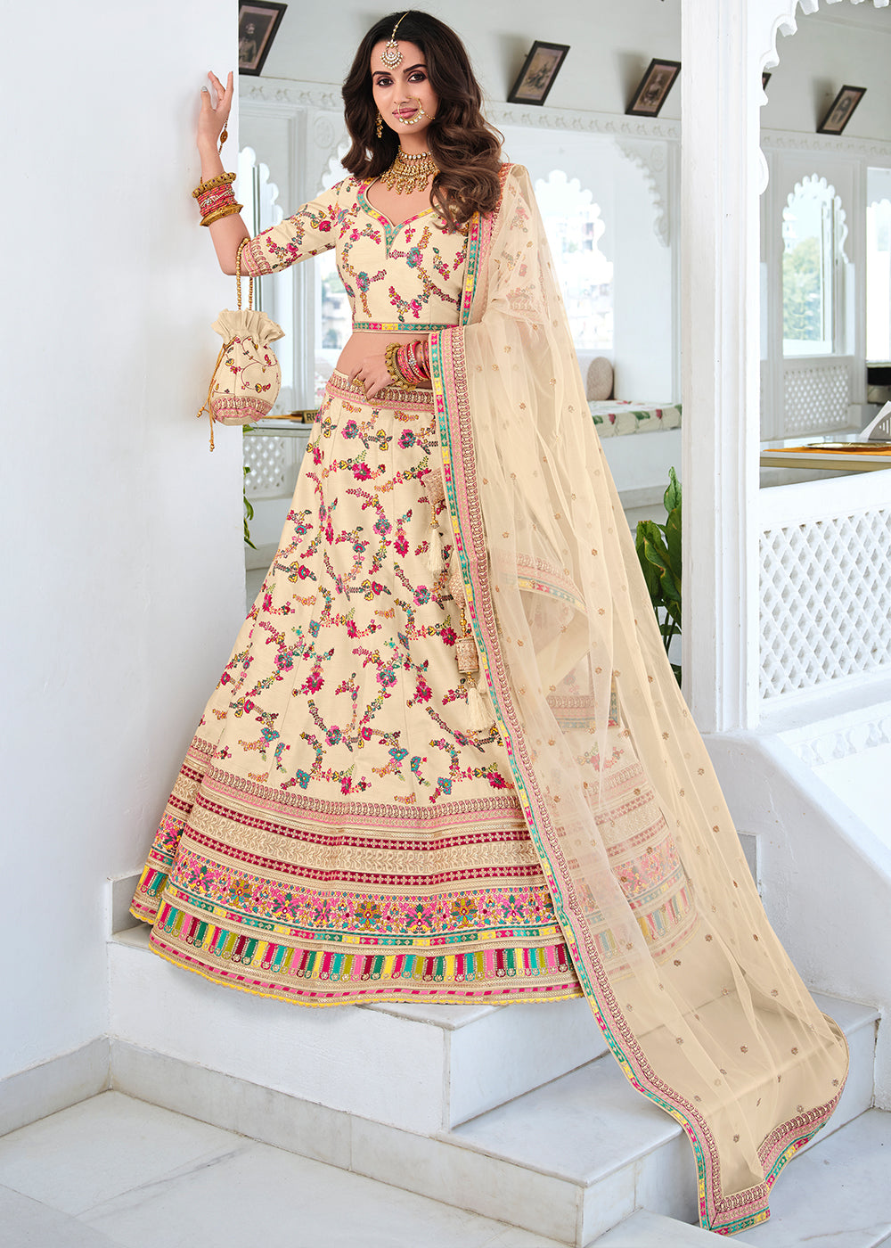 Barley Cream Heavy Embroidered Silk Lehenga