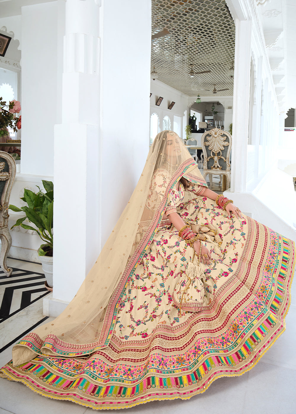 Barley Cream Heavy Embroidered Silk Lehenga