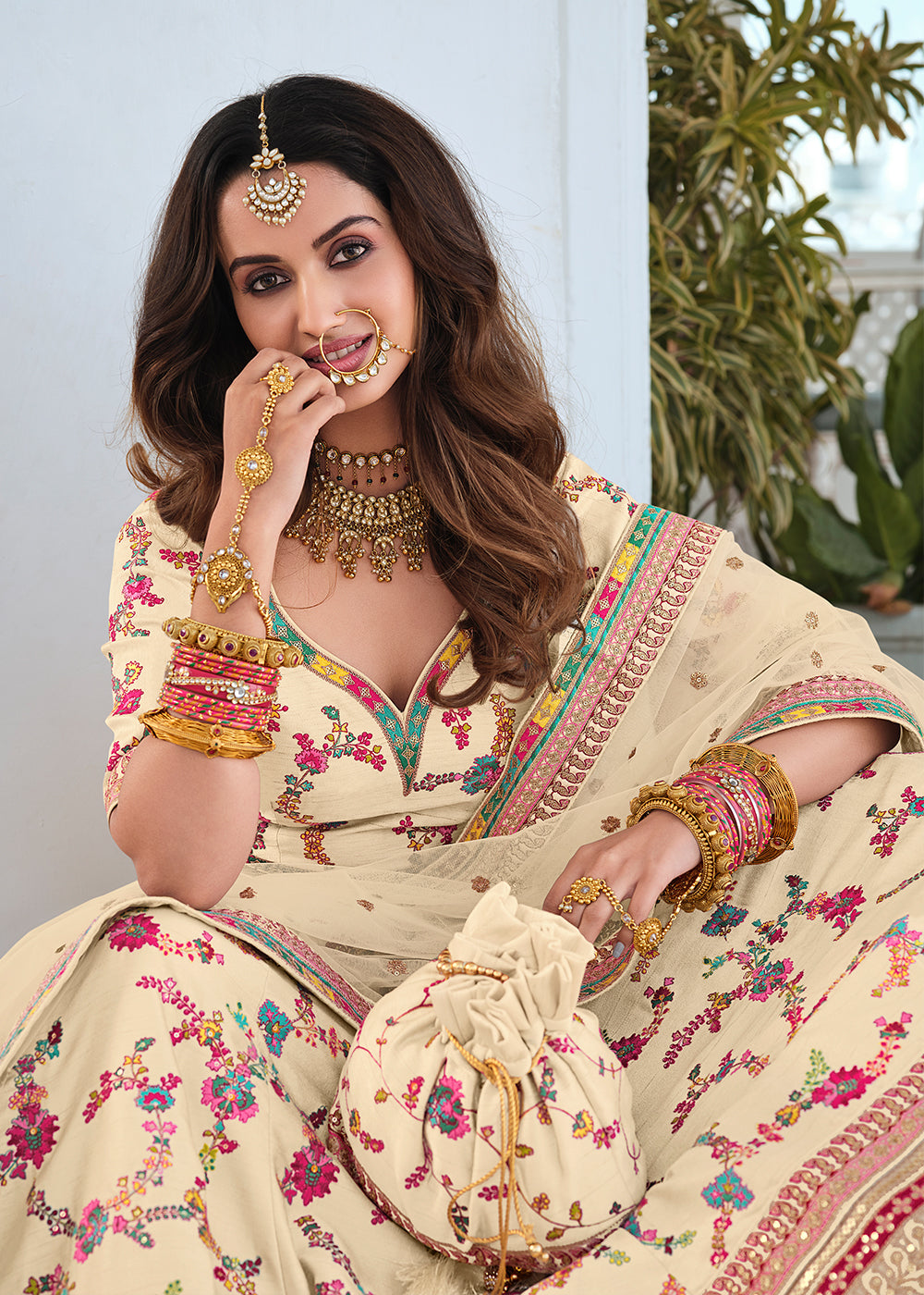 Barley Cream Heavy Embroidered Silk Lehenga