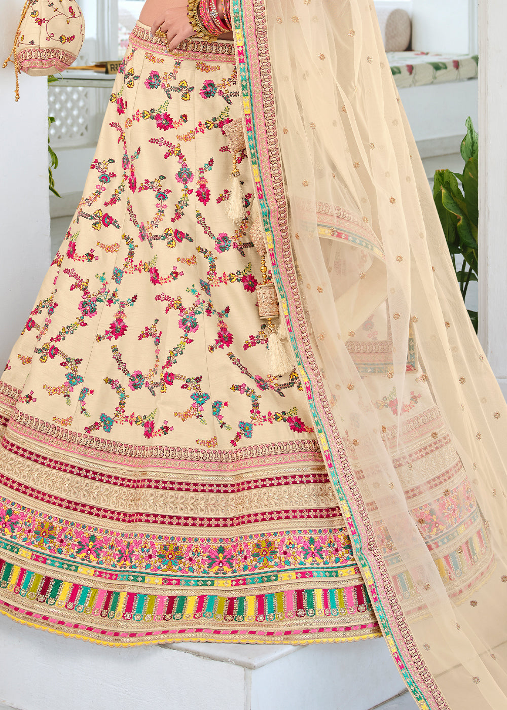 Barley Cream Heavy Embroidered Silk Lehenga