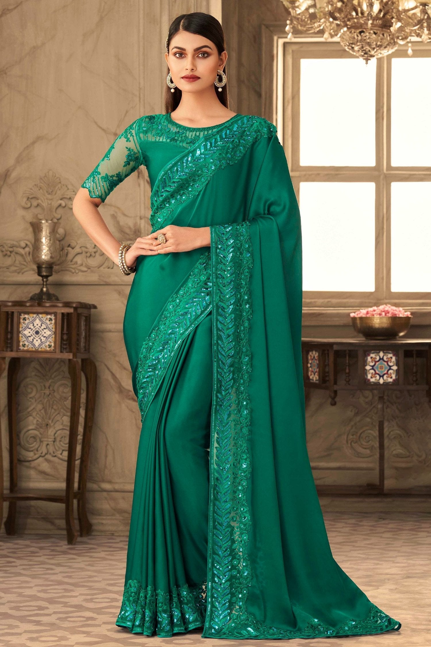 Rain Forest Green Designer Silk Saree