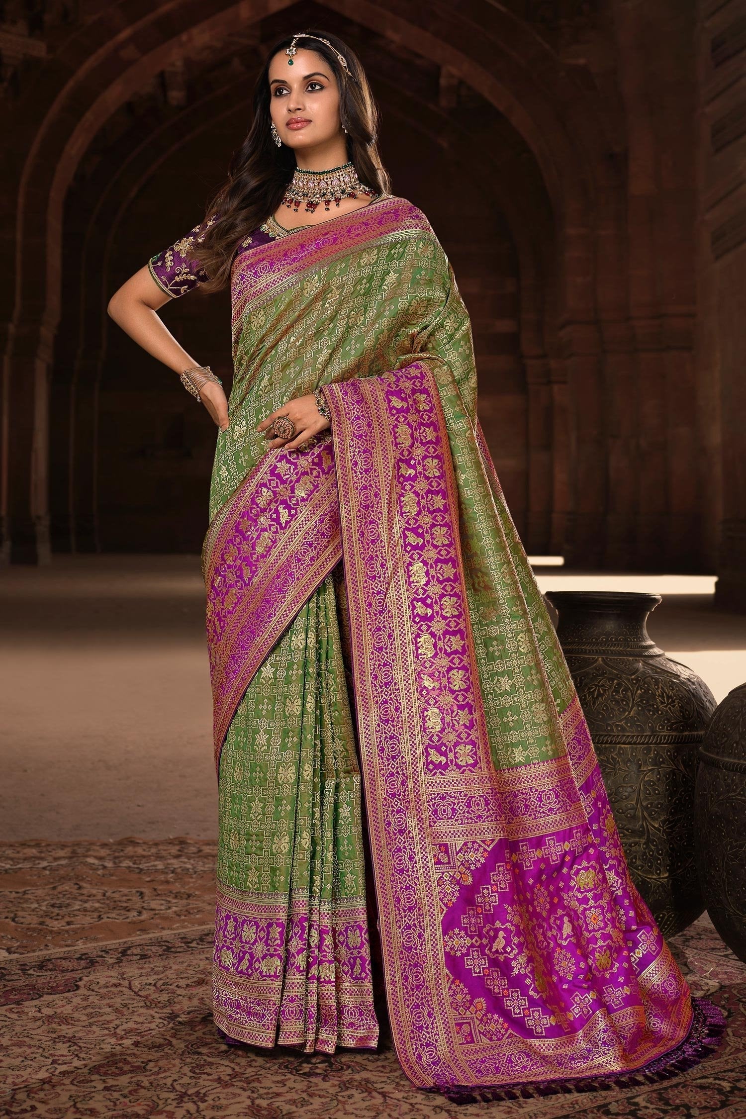 Fern Green and Purple Designer Banarasi Woven Silk Saree