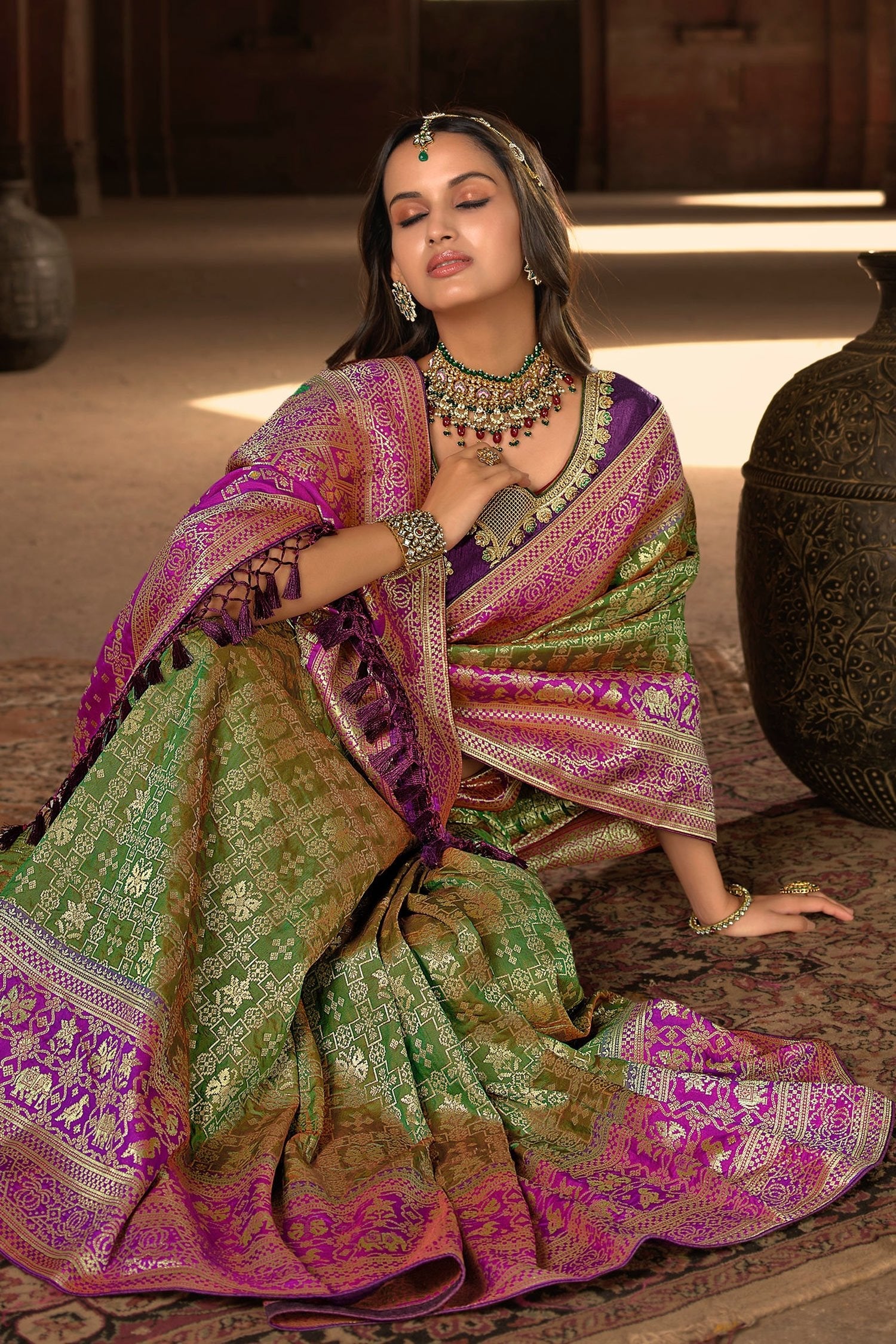 Fern Green and Purple Designer Banarasi Woven Silk Saree