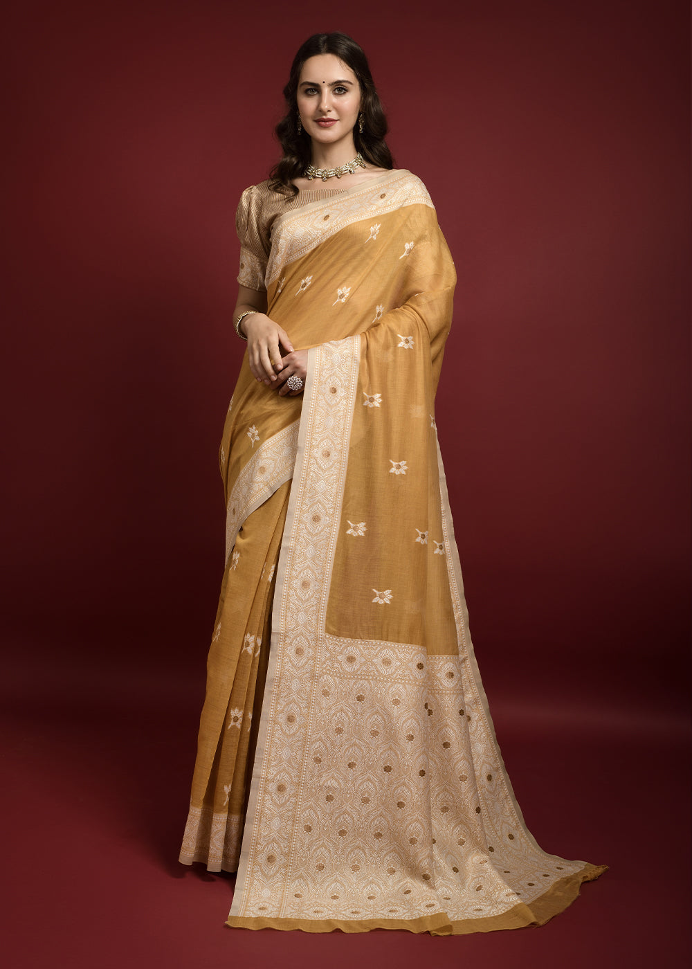 Sunset Yellow Chikankari Chanderi Cotton Woven Saree