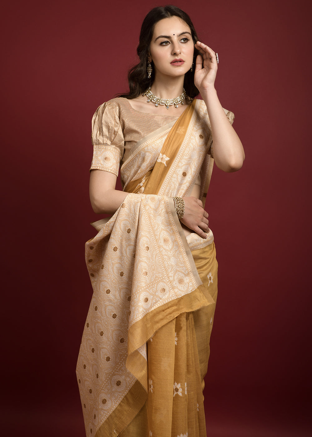 Sunset Yellow Chikankari Chanderi Cotton Woven Saree