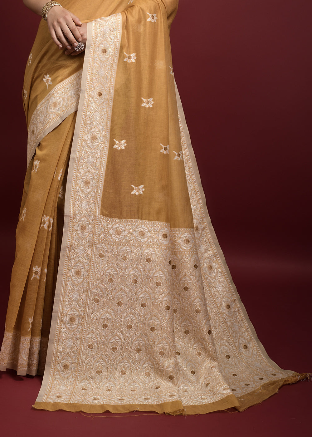 Sunset Yellow Chikankari Chanderi Cotton Woven Saree