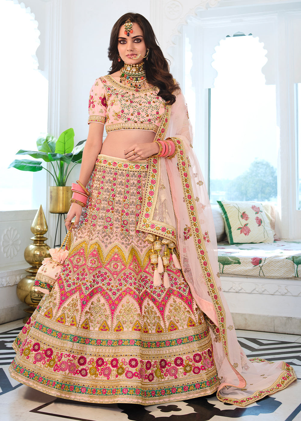 Apricot Pink Heavy Embroidered Organza Lehenga