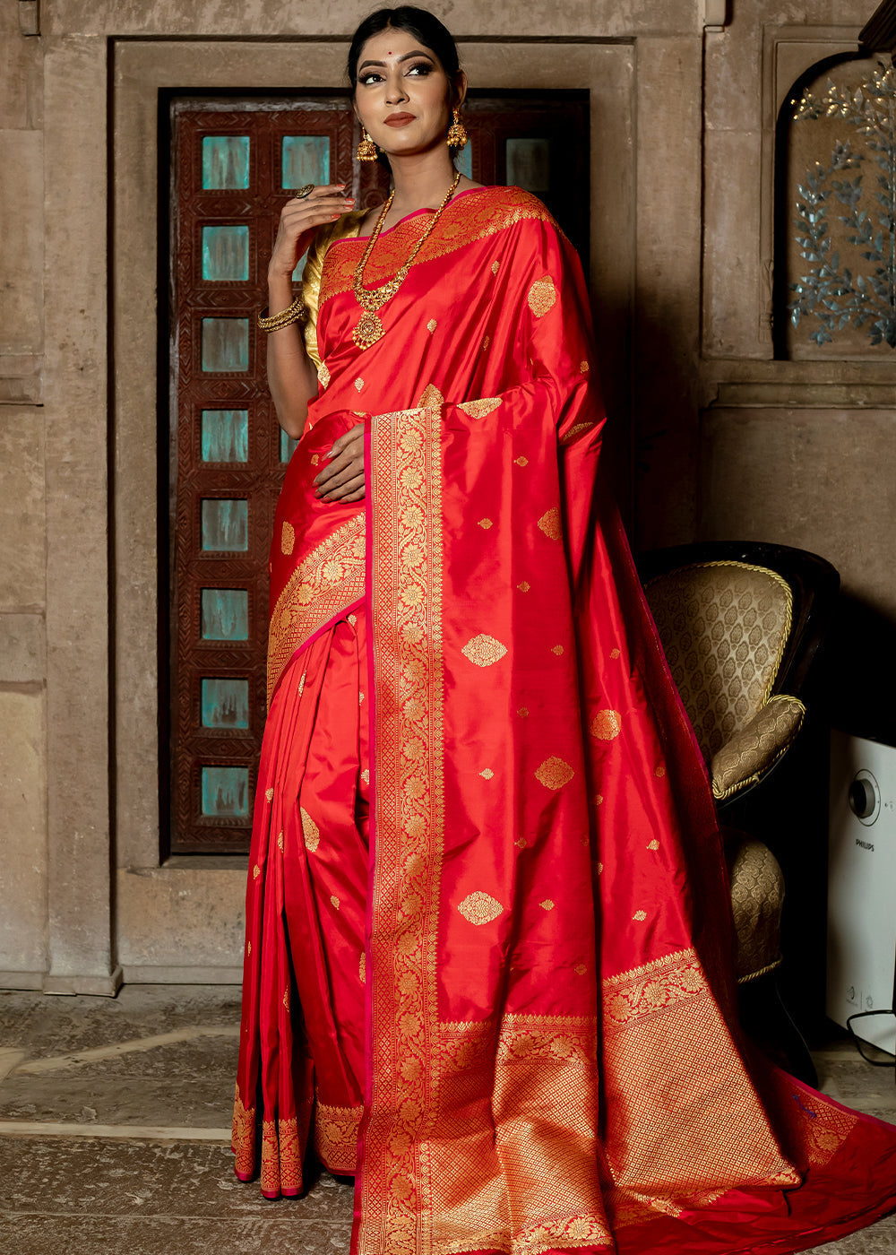 Monza Red Hand Woven Katan Pure Silk Saree