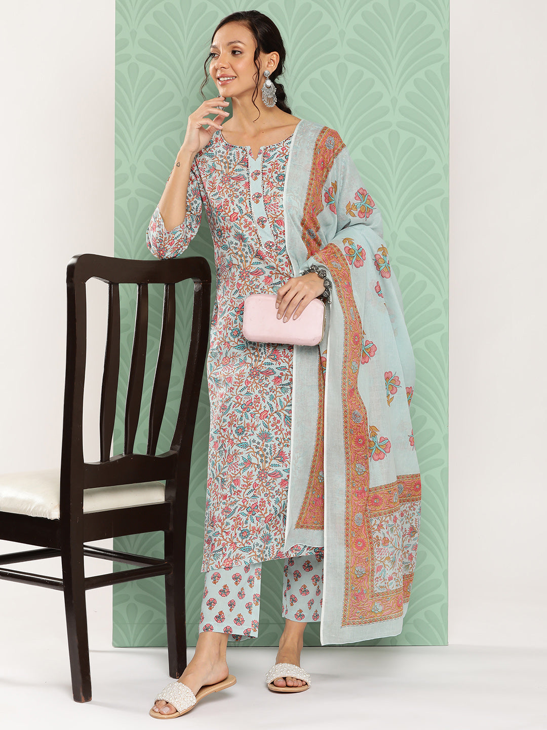 Light Blue Embroidered Cotton Kurta Dupatta Set