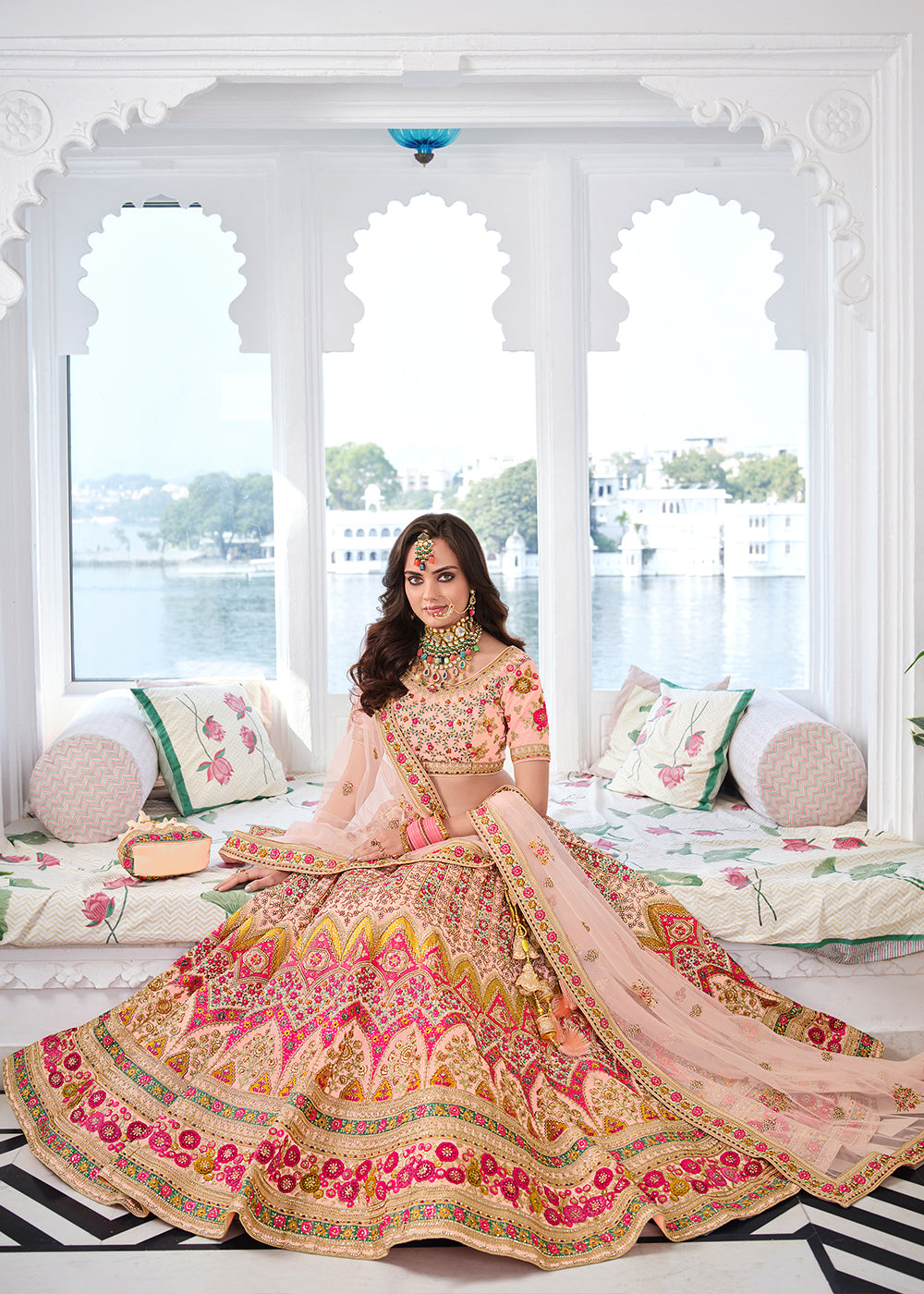 Apricot Pink Heavy Embroidered Organza Lehenga