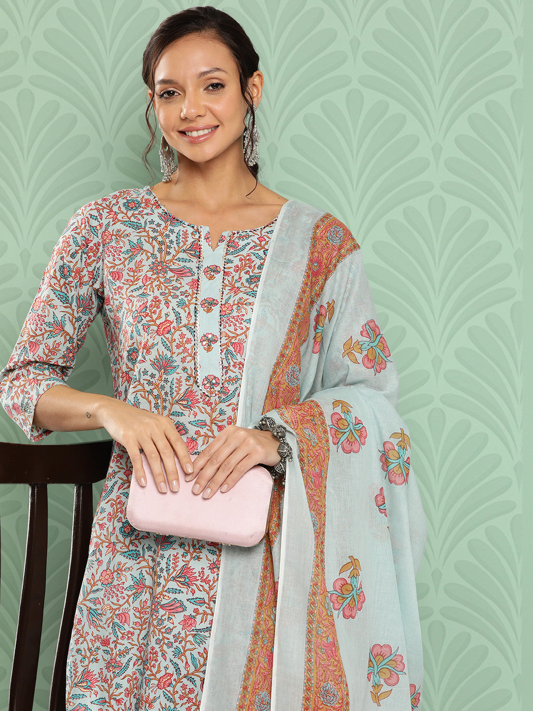 Light Blue Embroidered Cotton Kurta Dupatta Set