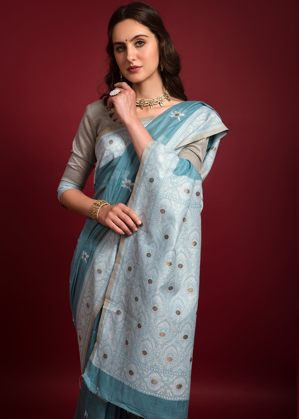 Gothic Blue Chikankari Chanderi Cotton Woven Saree