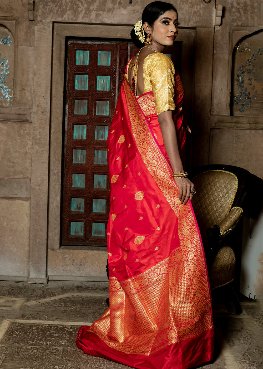 Monza Red Hand Woven Katan Pure Silk Saree