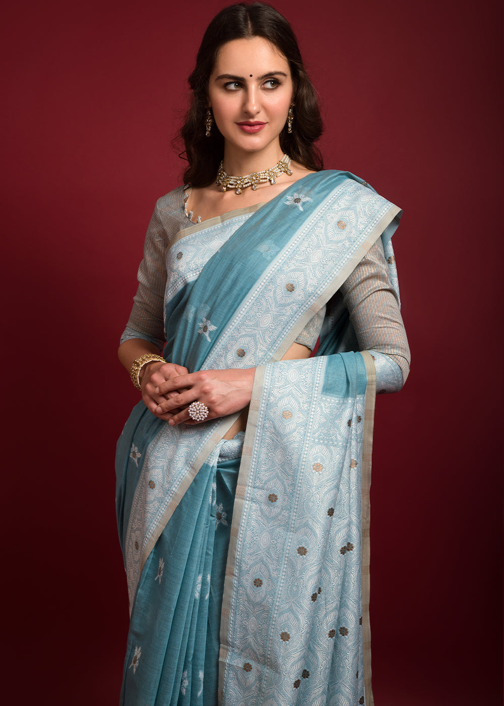 Gothic Blue Chikankari Chanderi Cotton Woven Saree