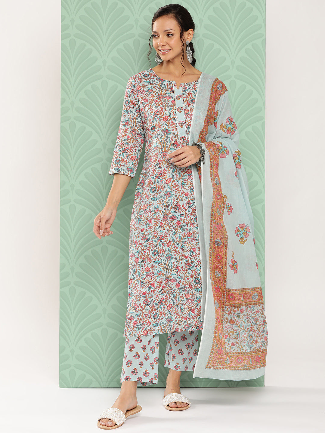 Light Blue Embroidered Cotton Kurta Dupatta Set