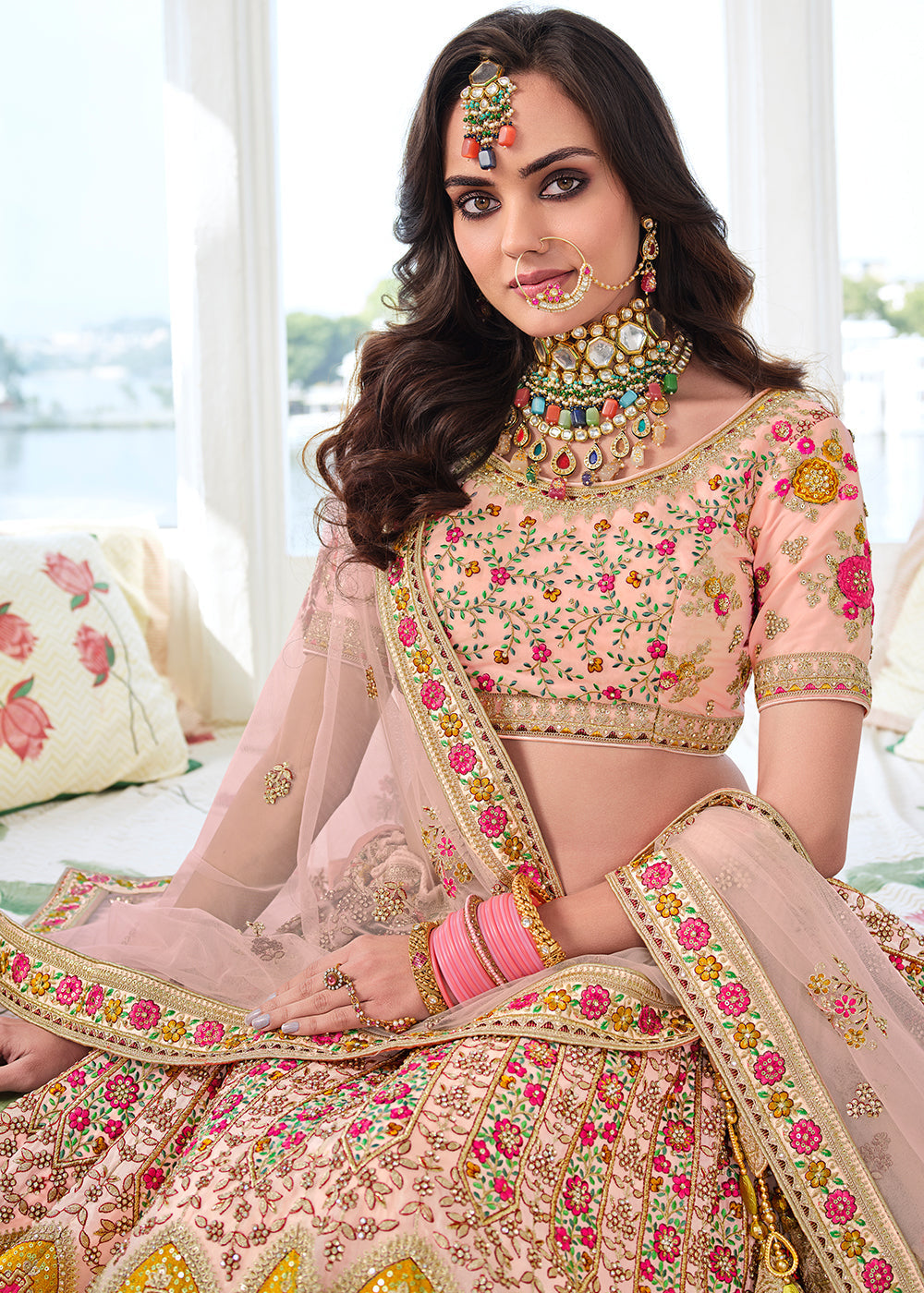 Apricot Pink Heavy Embroidered Organza Lehenga