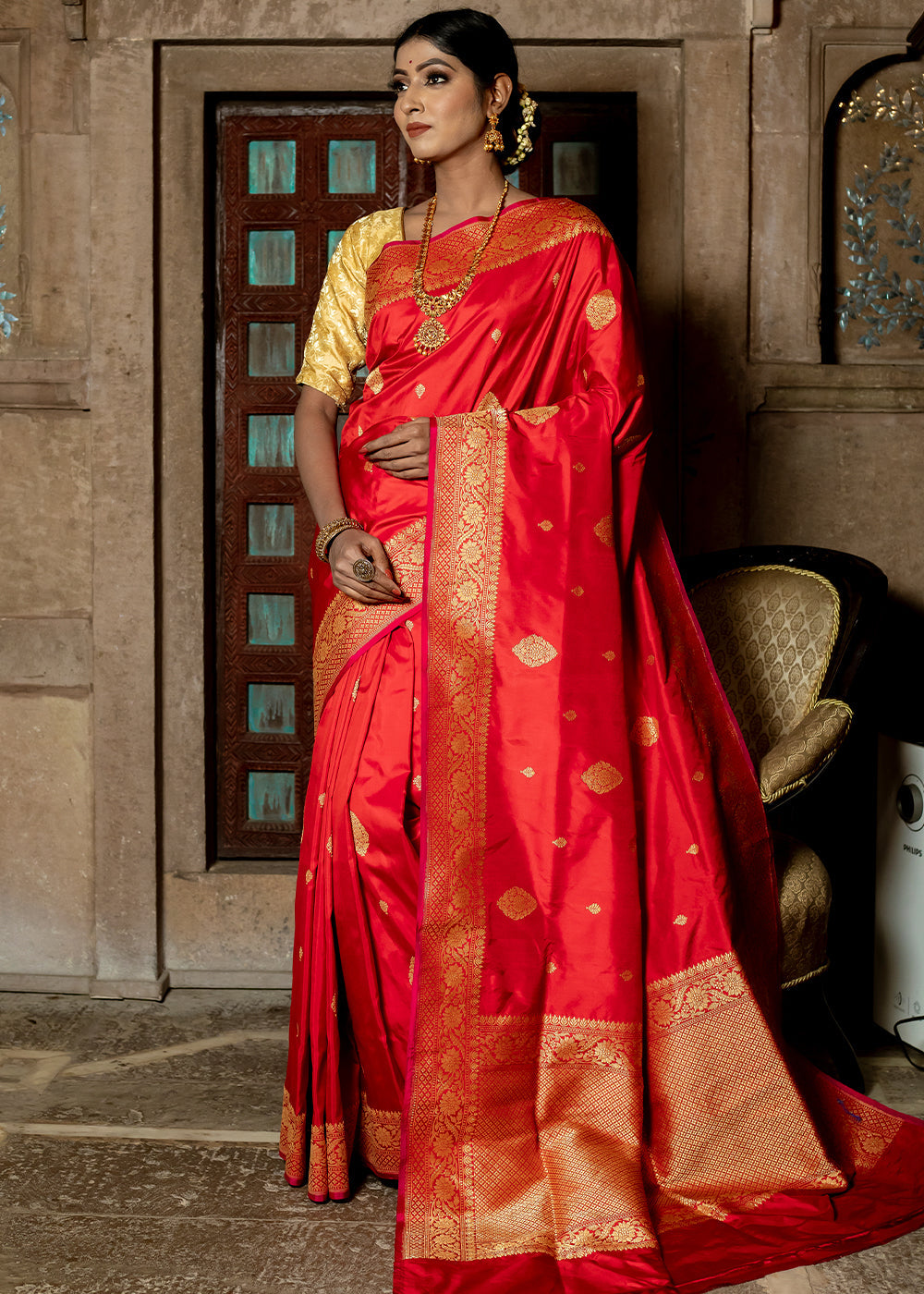 Monza Red Hand Woven Katan Pure Silk Saree