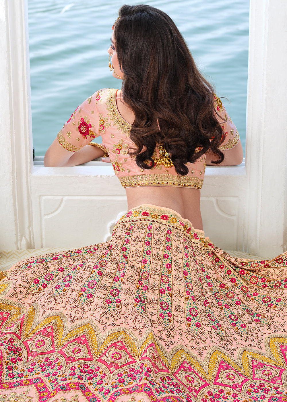 Apricot Pink Heavy Embroidered Organza Lehenga