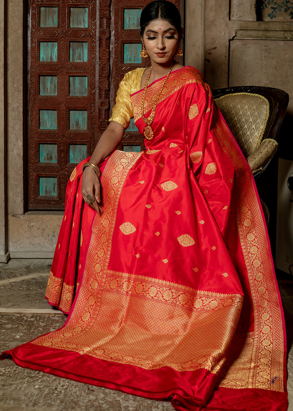 Monza Red Hand Woven Katan Pure Silk Saree