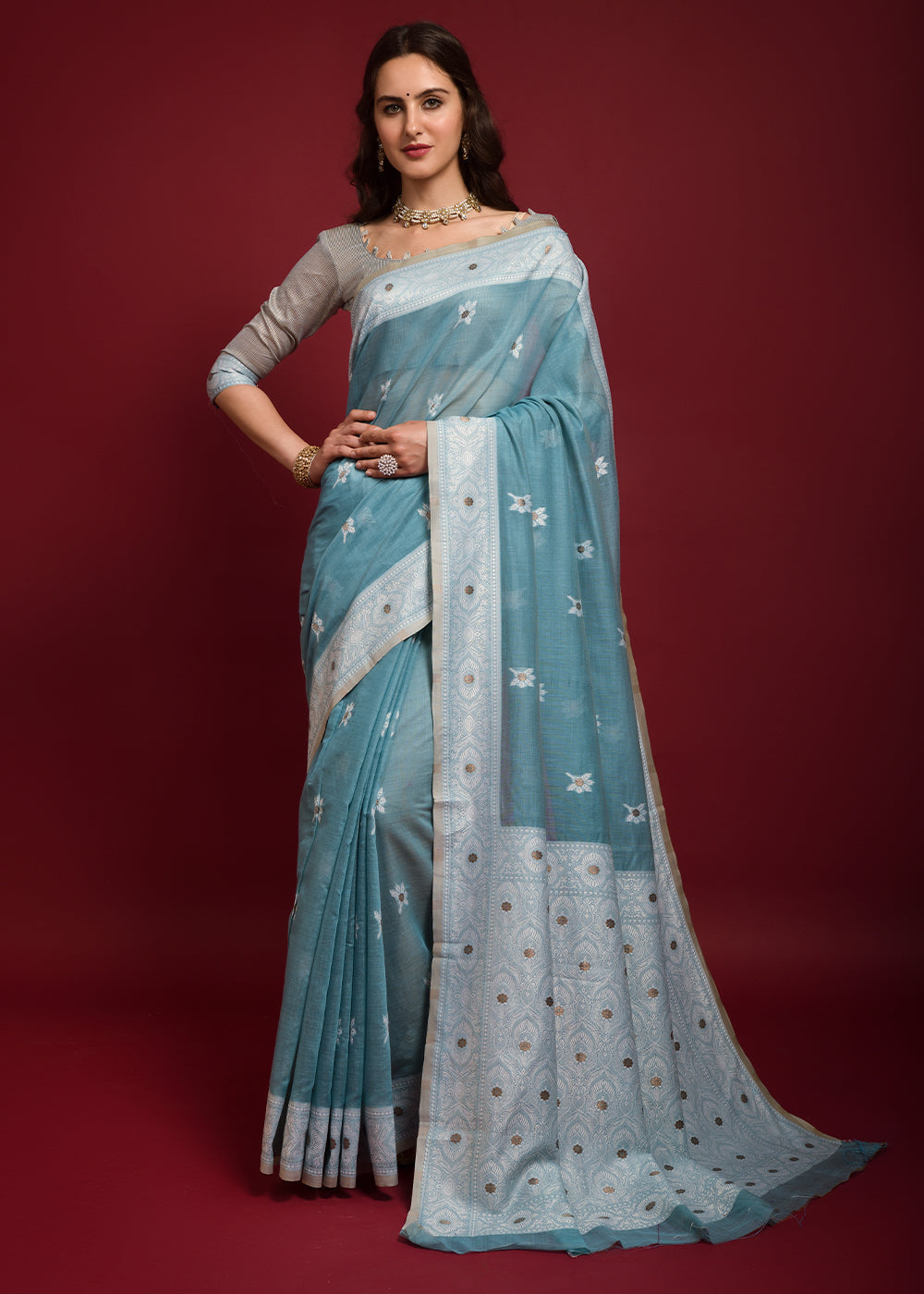 Gothic Blue Chikankari Chanderi Cotton Woven Saree