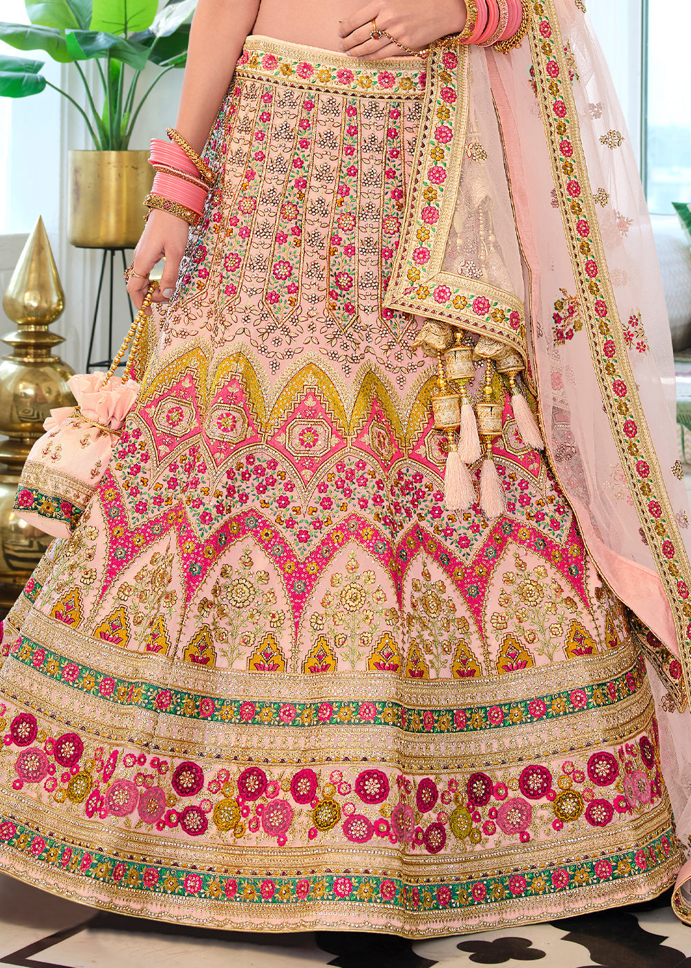 Apricot Pink Heavy Embroidered Organza Lehenga